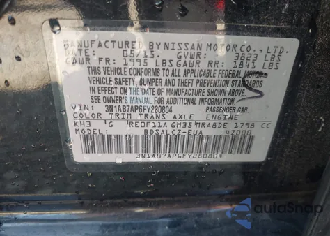 2015 Nissan Sentra S z USA, uszkodzony, nr VIN 3N1AB7AP6FY280804